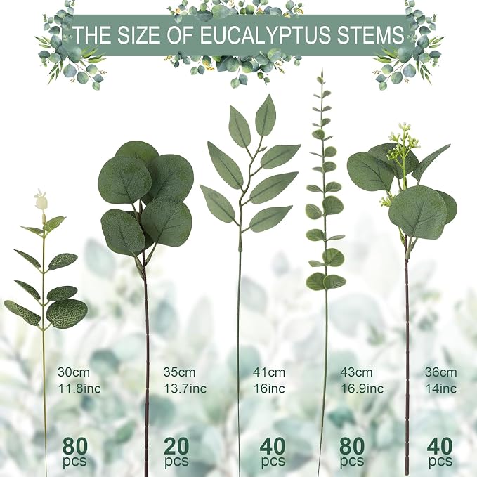 lovemoon 260 Pcs Artificial Mixed Eucalyptus Stems Bulk, 5 Kinds of Faux - Image 2