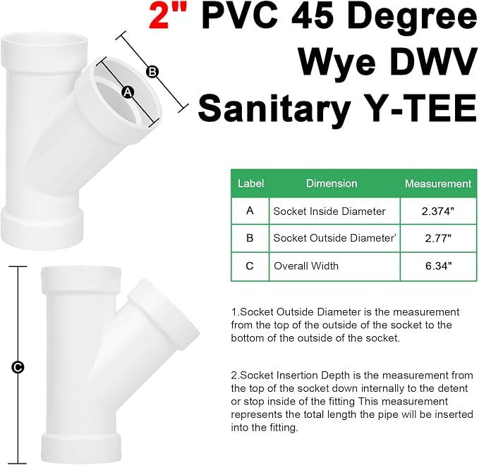 2Pack 2" PVC 45 Degree Wye DWV Pipe Fittings SCH40 PVC DWV Sanitary Y-TEE Pipe - Image 2