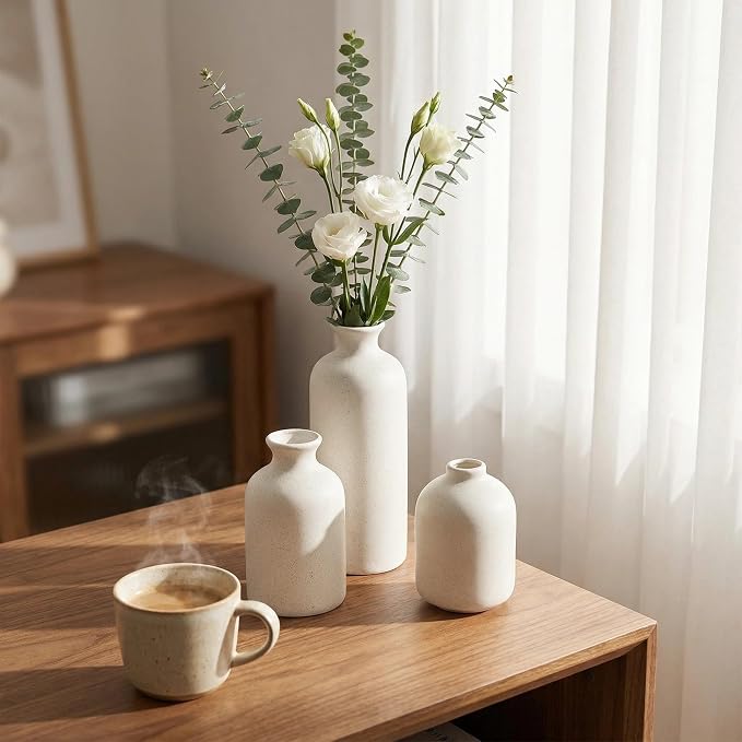 Small White Ceramic Vase Set of 3, Modern Boho Farmhouse Flowers Vases | - Image 4