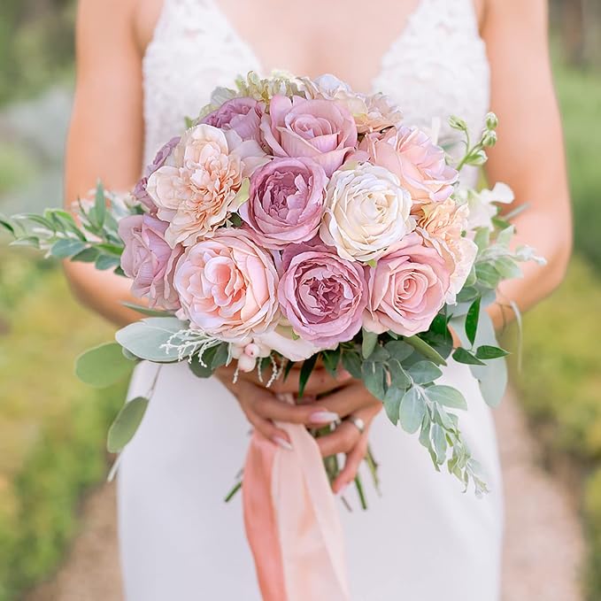 FACINOC Artificial Flowers Pink Bouquet Fake Flower Dahlia Roses - Image 2