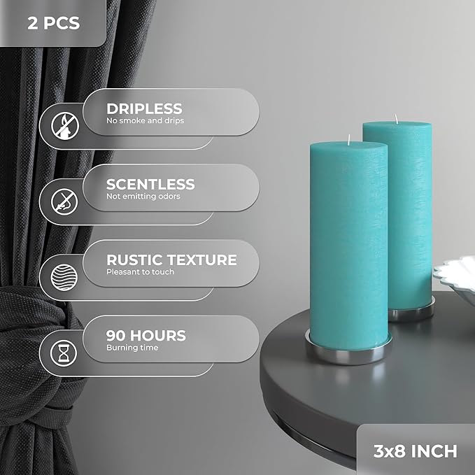 Turquoise Pillar Candles 3x8 Inch – Set of 2 Unscented Dripless Large Candles - Image 3