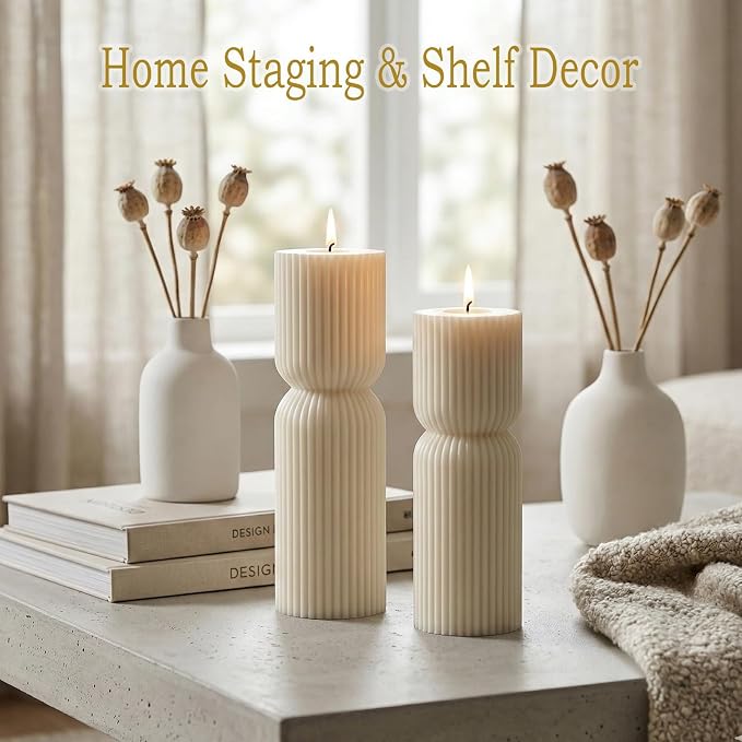 Aesthetic Sandalwood Scented Candles, Ribbed Pillar Candle Set of 2, Natural - Image 5