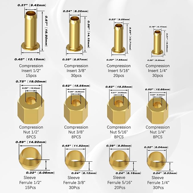 220PCS Brass Compression Sleeve Ferrule Insert Nuts Fittings Kit | 1/4" 3/8" - Image 2