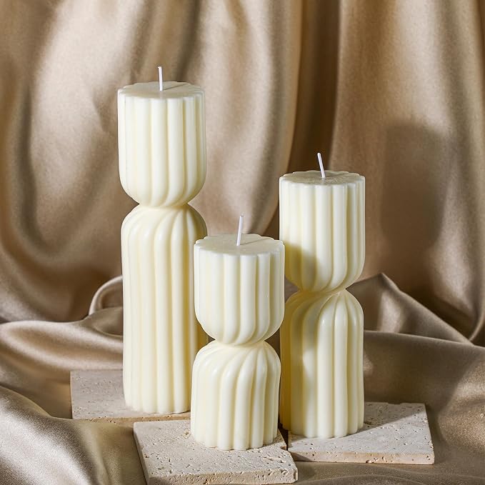 Conelist Ribbed Pillar Candles Set of 3 Width 2.4" High 5.5" 7" 9" Handmade - Image 3