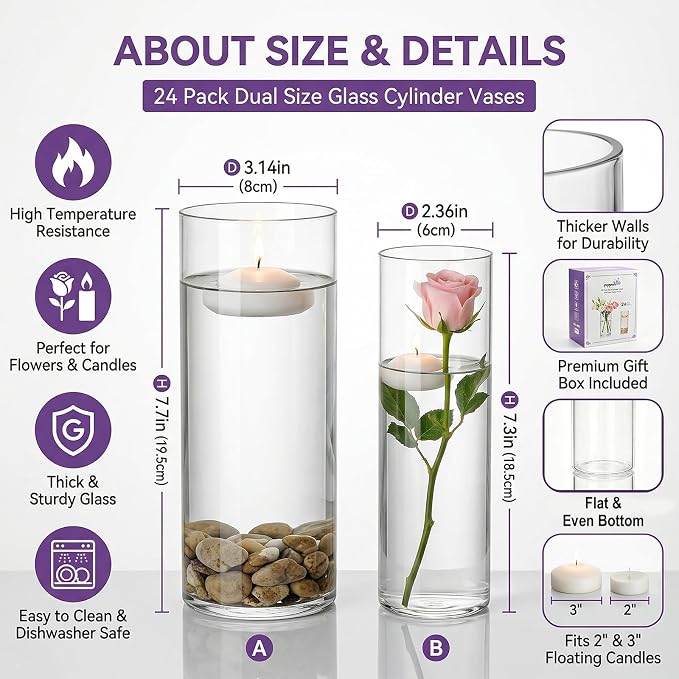24 Pack Clear Glass Cylinder Vases, Flower Vases | Floating Candle Holder - Image 2