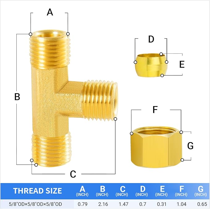 ChillWaves Brass Tee Compression Tube Fitting, 5/8" OD x 5/8" OD x 5/8" OD - Image 2