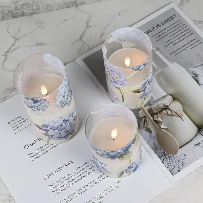 Hydrangea Glass Flameless Candles Batttery Operated Remote Timer | LED - Image 8