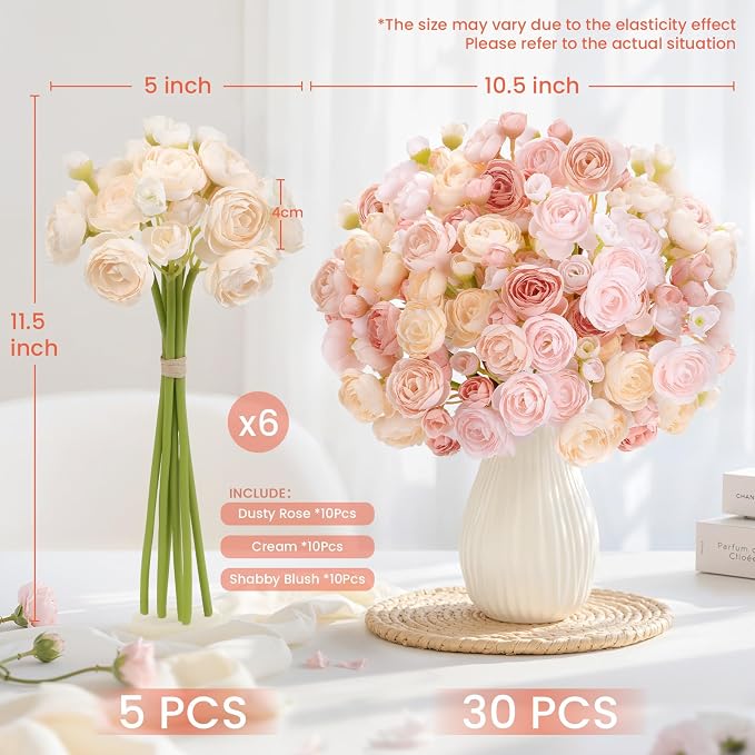 Alupssuc 30Pcs Ranunculus Artificial Flowers Faux Silk Mini Flowers Indoor | - Image 3