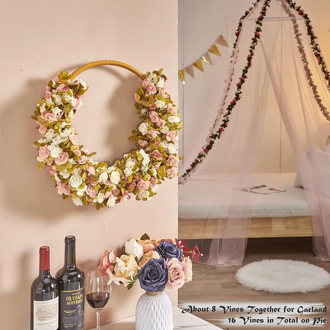 6Pcs x 8.2FT Artificial Flower Garland Rose Vine Decor, Fall Pink Flower | - Image 5