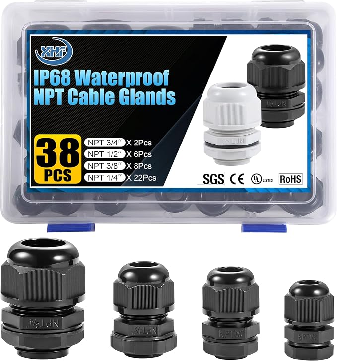 XHF IP68 Nylon Waterproof NPT Cable Glands Assortment 38pcs 1/4", 3/4'' UL by XHF