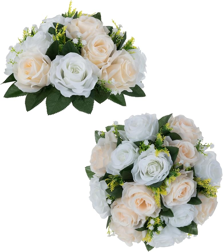 Flower Balls Table Rose Centerpieces: 2 Pcs Fake Flowers Champagne White | by Blosmon
