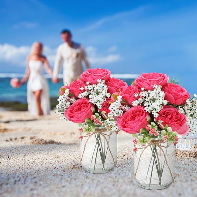 12 Sets Mason Jar Flowers Centerpiece Table Decorations, Hot Pink | Faux Flowers - Image 7
