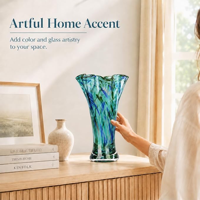 LCCCK 9.0" H Teal Glass Vases for Flower, Unique Hand Blown Glass Vase | Wide - Image 8
