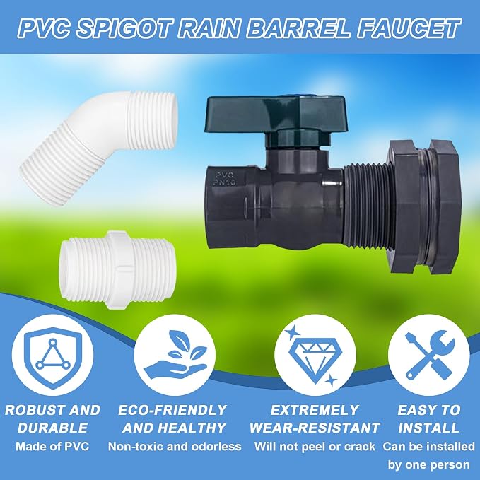 2 Pack PVC Rain Barrel 45°Elbow Spigot Kit, 3/4 Inch Rain Barrel Valve - Image 5