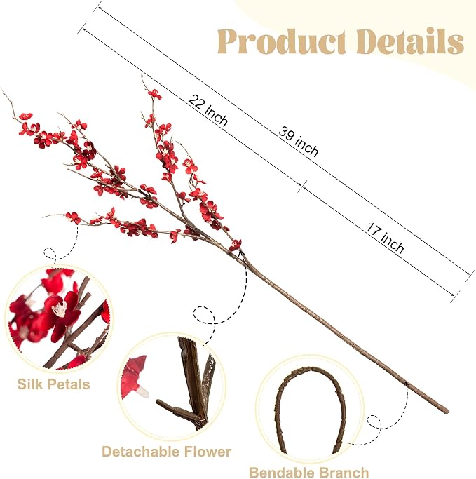 Ammyoo 4Pcs Cherry Blossom Branches Artificial Flowers - Image 4