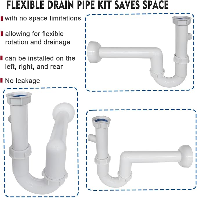 White 1-1/2" Kitchen Sink Drain P-Trap Plumbing Kit, J-Bend - Image 3