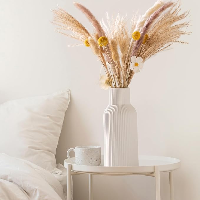 White Ceramic Vase, Modern Matte Ribbed Flower Vase - Image 8
