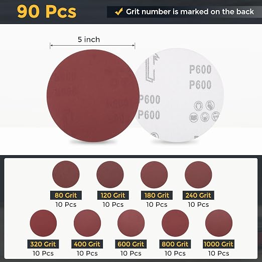 HARFINGTON 90Pcs 5Inch Sanding Disc Hook & Loop Sandpaper Aluminum Oxide | - Image 2