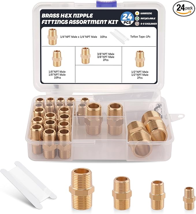 24Pcs Brass Pipe Fittings Hex Nipple Kit, 1/8" 1/4" 3/8" 1/2" NPT | 1/4 Inch by Ailbiuko
