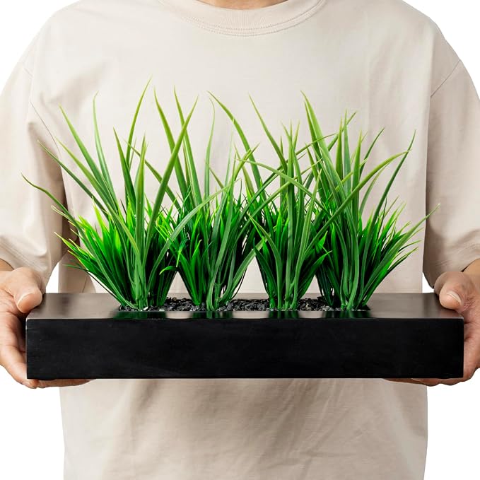 MyGift 14 Inch Artificial Grass Plant in Matte Black Wood Rectangular Pot | - Image 6