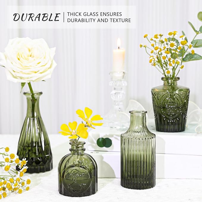 SUPMIND Glass Bud Vase Set of 5, Small Green Flower Vases - Image 4