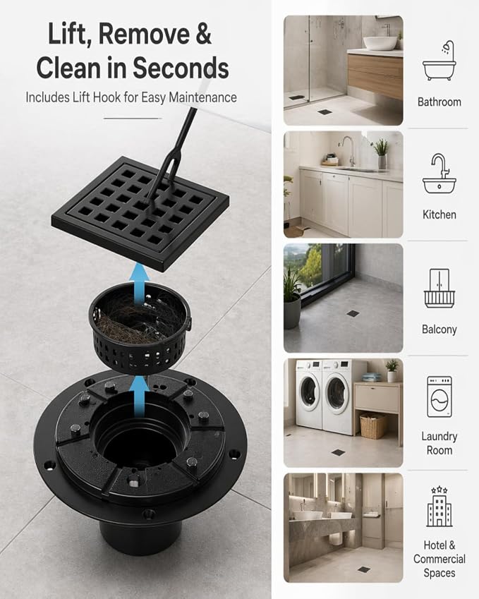 4" Matte Black Shower Drain, Square Shower Floor Drain - Image 7