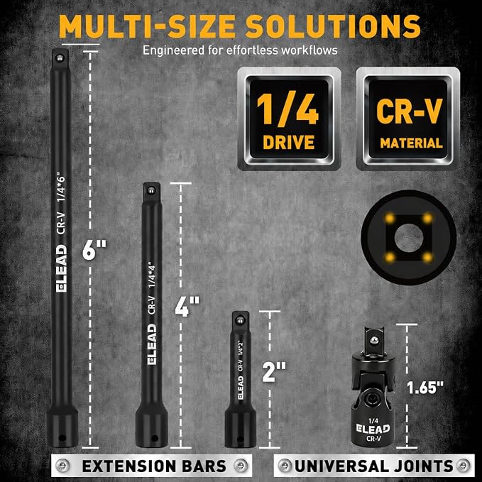 4-Piece 1/4" Drive Socket Extension Bar Set, 6 inch Professional Extension Set - Image 2