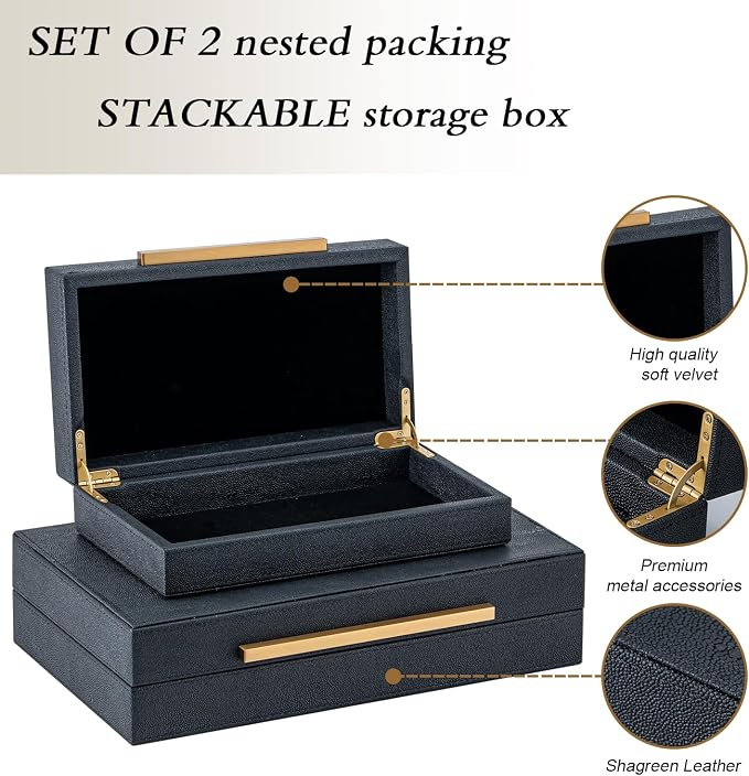 Set of 2 Black Shagreen Storage Boxes - Image 3