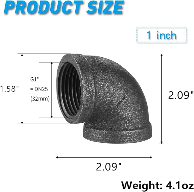 1" Pipe Fitting Elbow, 10 Pack DN25 Gray Threaded Cast Malleable Iron Elbow - Image 2