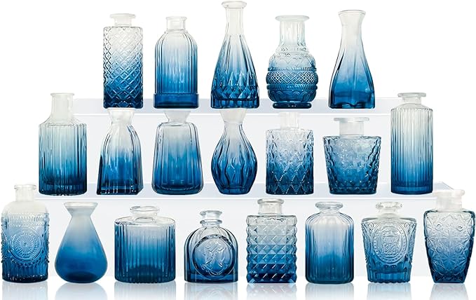 Blue Glass Bud Vase Set, Mini Single Vintage Design by QLOFEI
