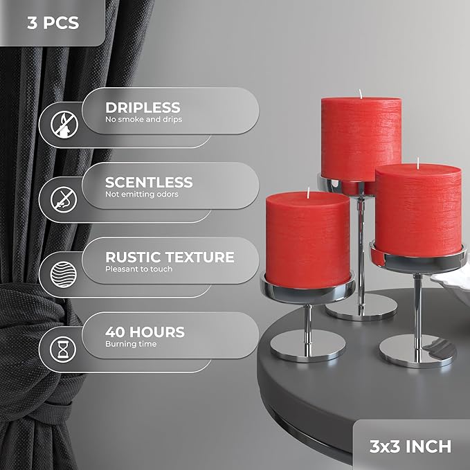 3x3 Inch Red Pillar Candles Set of 3 - Image 3