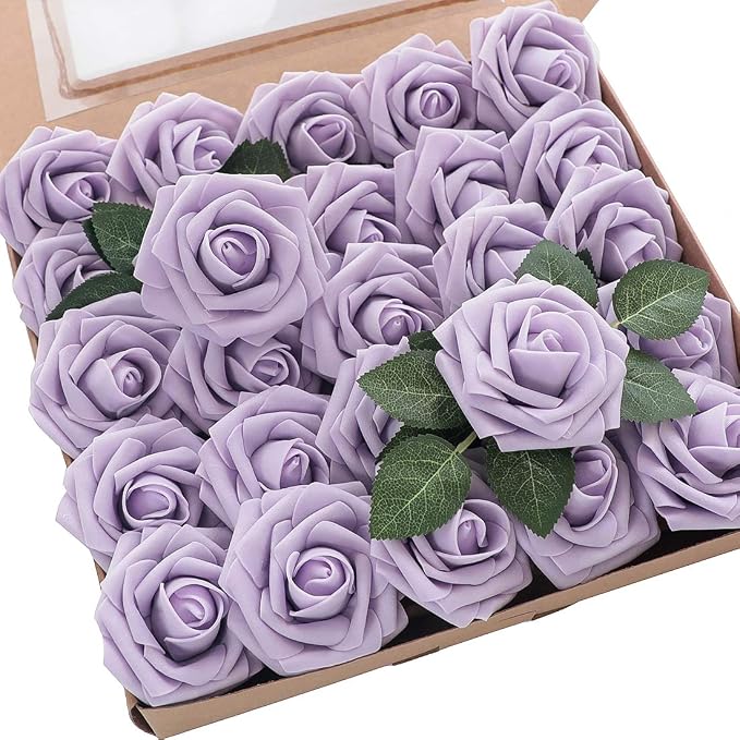 Artificial Flowers 25pcs Real Looking Lilac Foam Fake Roses by Floroom