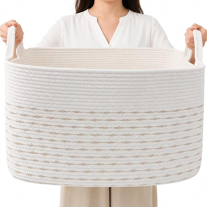 96L Woven Laundry Basket with Handles, Extra Blanket Basket, Living Room by HZFTJOY