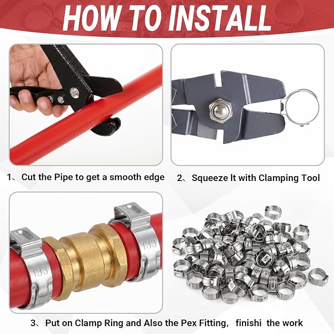 100 Pcs 3/8 Inch Pex Cinch Clamps, 304 Stainless Steel Crimp Rings Single Ear - Image 4