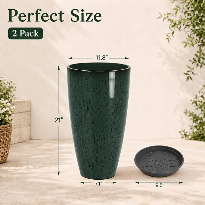 Neoaider Set of 2 Tall Planter, 21 inch Large Plastic Planter, Dark Green | - Image 3