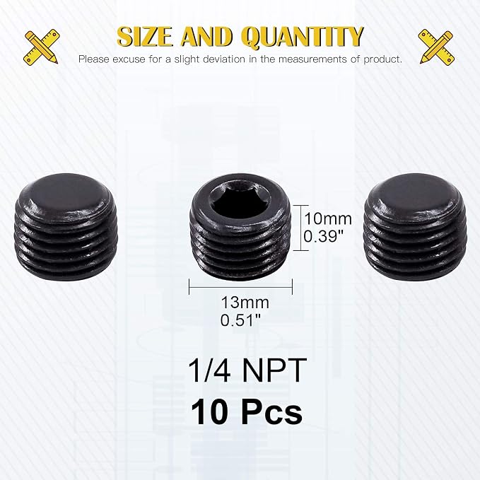 10pc 1/4" NPT Carbon Steel Pipe Plug Set - Image 2