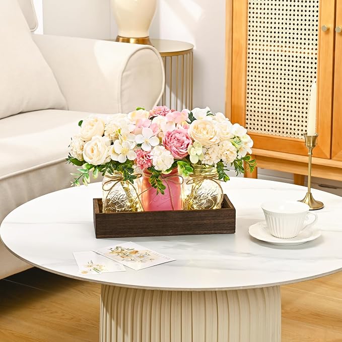 BLEUM CADE 3Pcs Mason Jar with Artificial Roses Flowers Wood Tray and Light | - Image 6