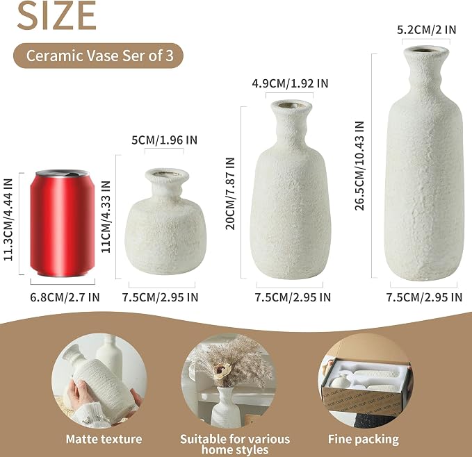 Ceramic Vase Set of 3, Neutral Rustic Vases Home Decor Farmhouse Decorative - Image 2