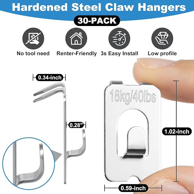 30 Pcs Claw Drywall Picture Hanger, Heavy Duty 40 Lbs No Damage Wall Frame Hooks - Image 2