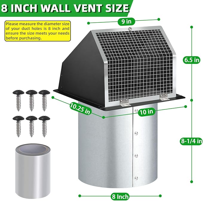 8 Inch Wall Vent Hood Wall Exhaust Vent Cover Outdoor Hooded Wall Vent - Image 2