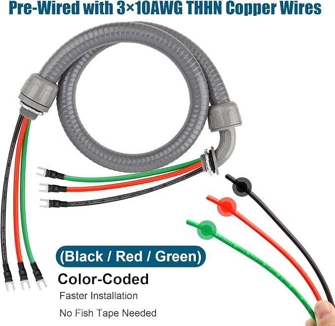 10FT Non-Metallic Liquid-Tight Conduit Kit, 1/2" Pre-Wired Electrical Whip - Image 3