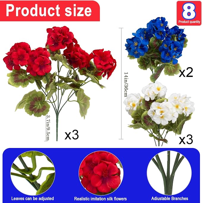 lovemoon 16 Pcs Artificial Geraniums Realistic Silk Patriotic Flowers - Image 2