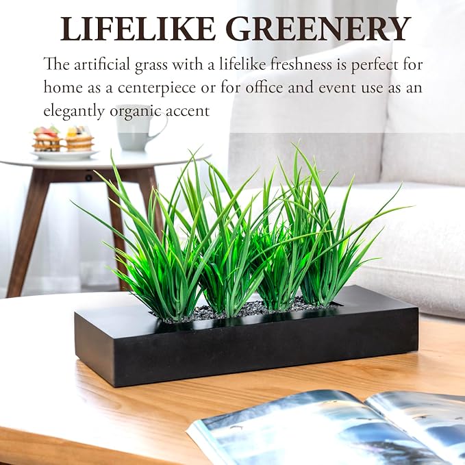 MyGift 14 Inch Artificial Grass Plant in Matte Black Wood Rectangular Pot | - Image 2