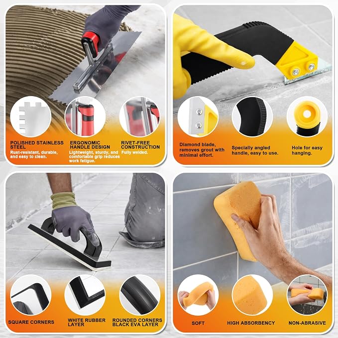 23 Pcs Tile Trowel Kit with Grout Float, Removal Tool, Silicone Caulking Tool - Image 4