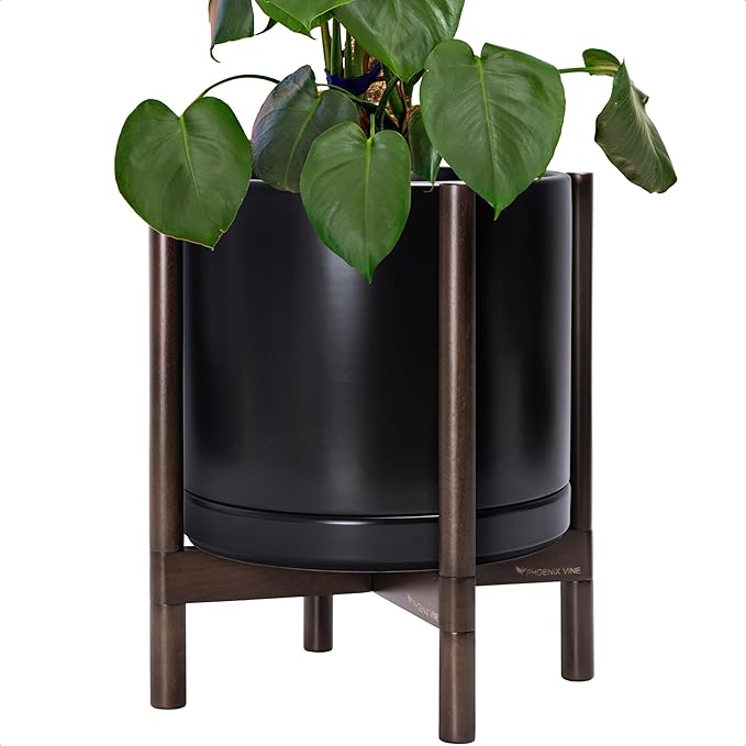 D'vine Dev Ceramic Pot with Walnut Wood Stand, 14 in, 55-B-T-2 | Mid-Century by DvineDevPlanterPotsandStand