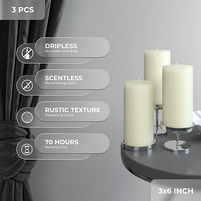 Large Pillar Candles 3x6 Inch – Set of 3 Unscented Dripless Ivory Candles - Image 2