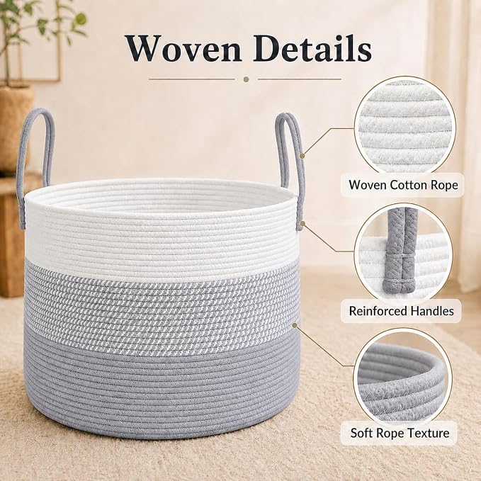 JMvicyroam 65L Extra Large Machine Washable Cotton Rope Blanket Basket | - Image 3