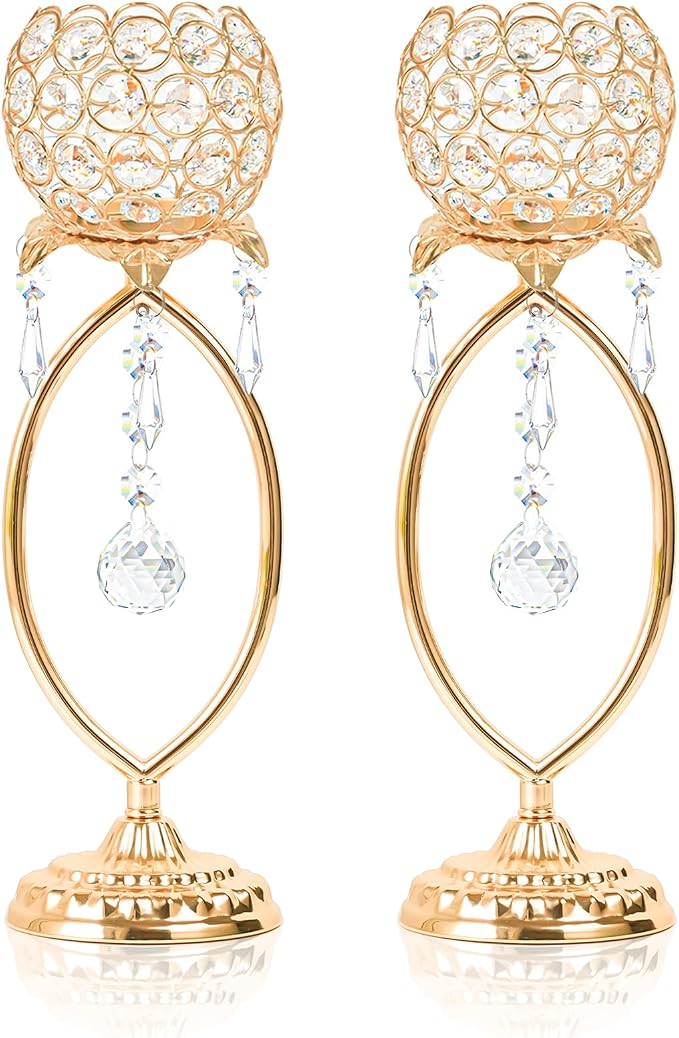 2 Pcs Gold Elegant Metal Crystal Tea Light Candle Holders by kehail