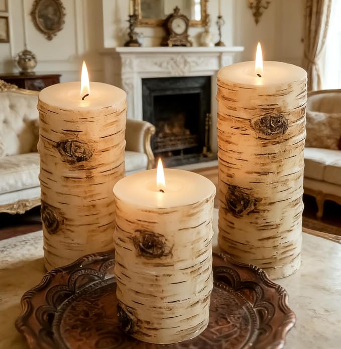Rustic Birch Bark Pillar Candle Set of 3, Unscented Home Decor | Assorted Size - Image 7