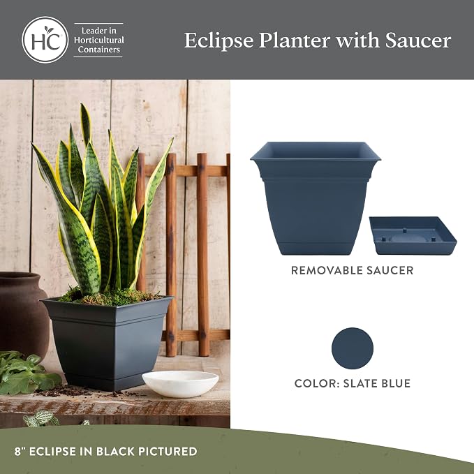 The HC Companies Eclipse Square Planter Pot, 6 Inch, Slate Blue, Attached Saucer - Image 2